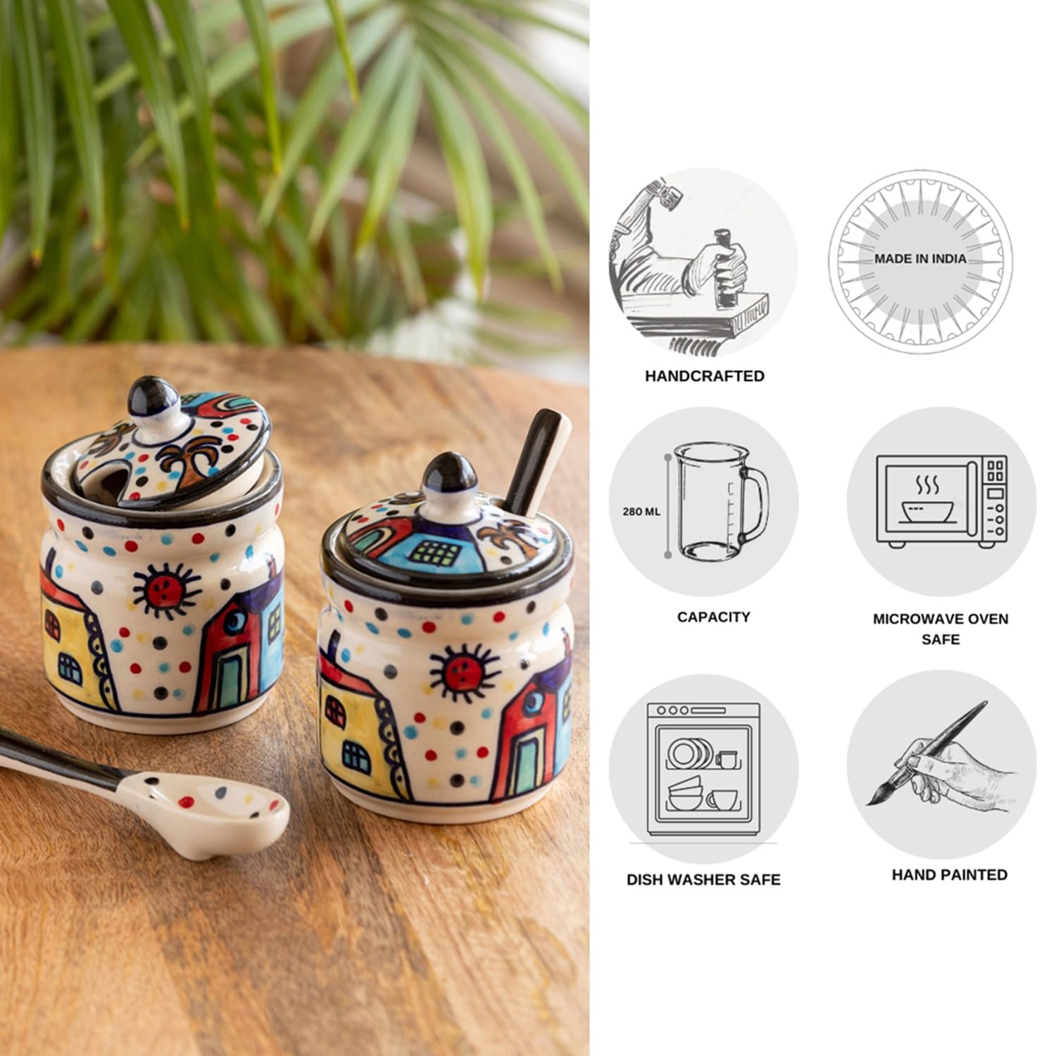 ExclusiveLane Hut Handpainted Ceramic Pickle Jars for Dining Table with Spoon & Lid |Pickle Jar for Storage Kitchen Containers S